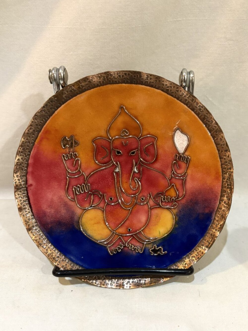 Copper Enamel Ganesha Elephant Wall Plate Orange Pink Blue